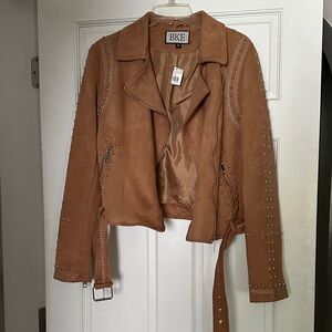 BKE Women's Brown Leather Jacket with Stud Accents